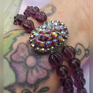 Vintage Bracelet Purple Aurora Borealis Rhinestone Beaded Small Wrist Sparkle